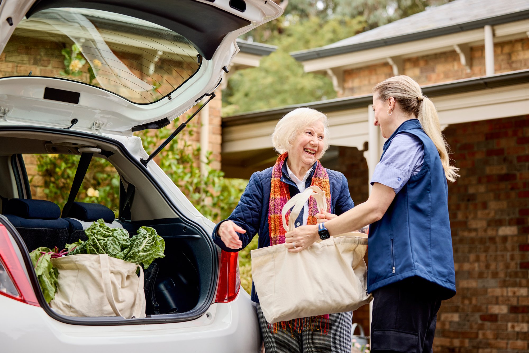 Home care worker helping an older lady put groceries in the boot of her car