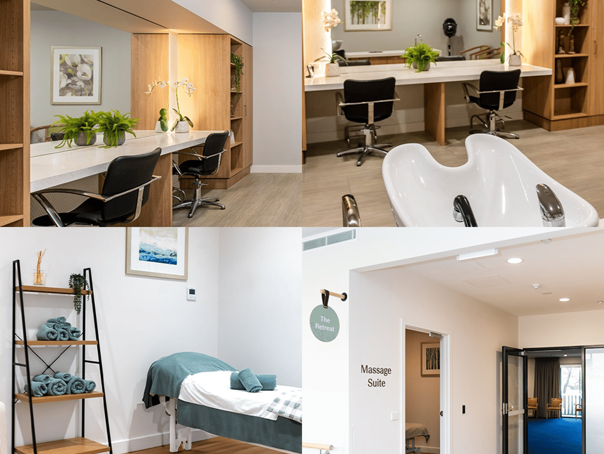 Collage of wellness and salon spaces including a hair salon with mirrors, chairs, and washing basin; a massage room with treatment bed and neatly rolled towels; and a hallway leading to a massage suite